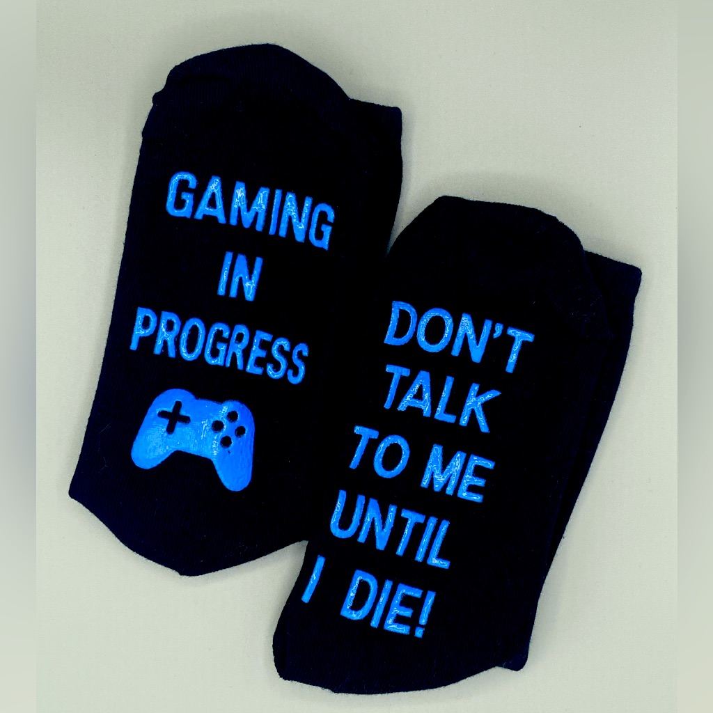Gaming Socks - Gaming In Progress - Black W/Blue Grip Lettering - Size M